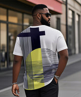 Men's Plus Size Geometric Color Block Striped Print Henry Collar Button Short Sleeve T-shirt